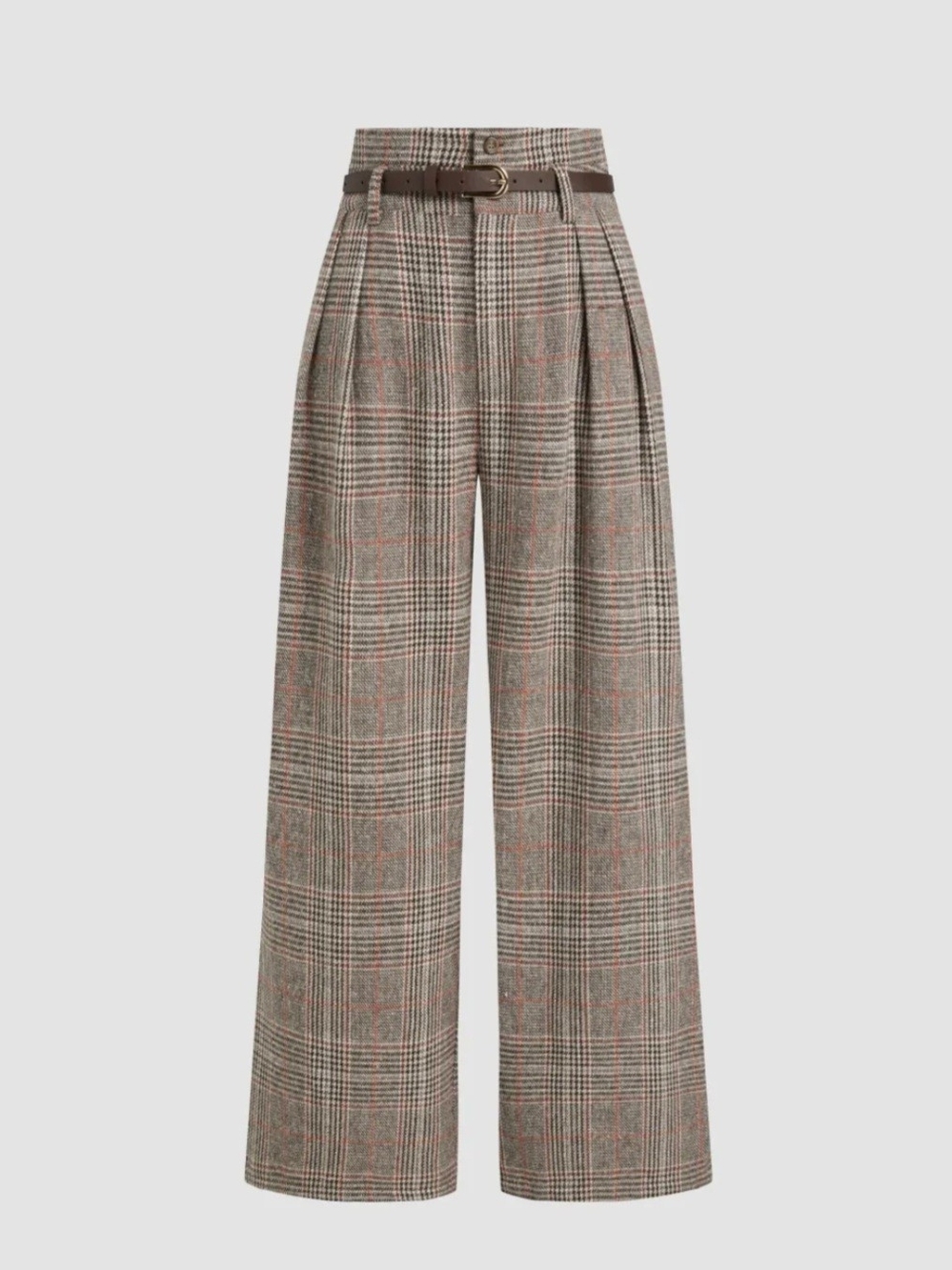 Cider High-Waist Wide-Leg Plaid Trousers with Belt